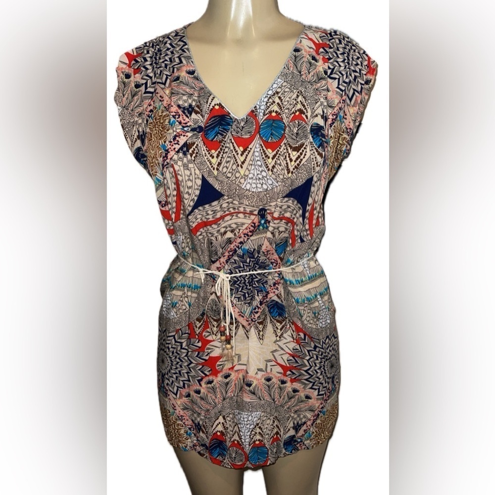 Boho Tribal Print Mini Dress - Lily & Lala Size Small V-Neck Lightweight Tunic